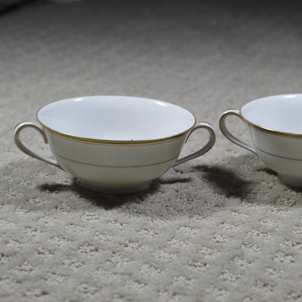 Two Noritake China Goldlane #5084 Nippon Cream Boullion Double Handle Soup Cups
